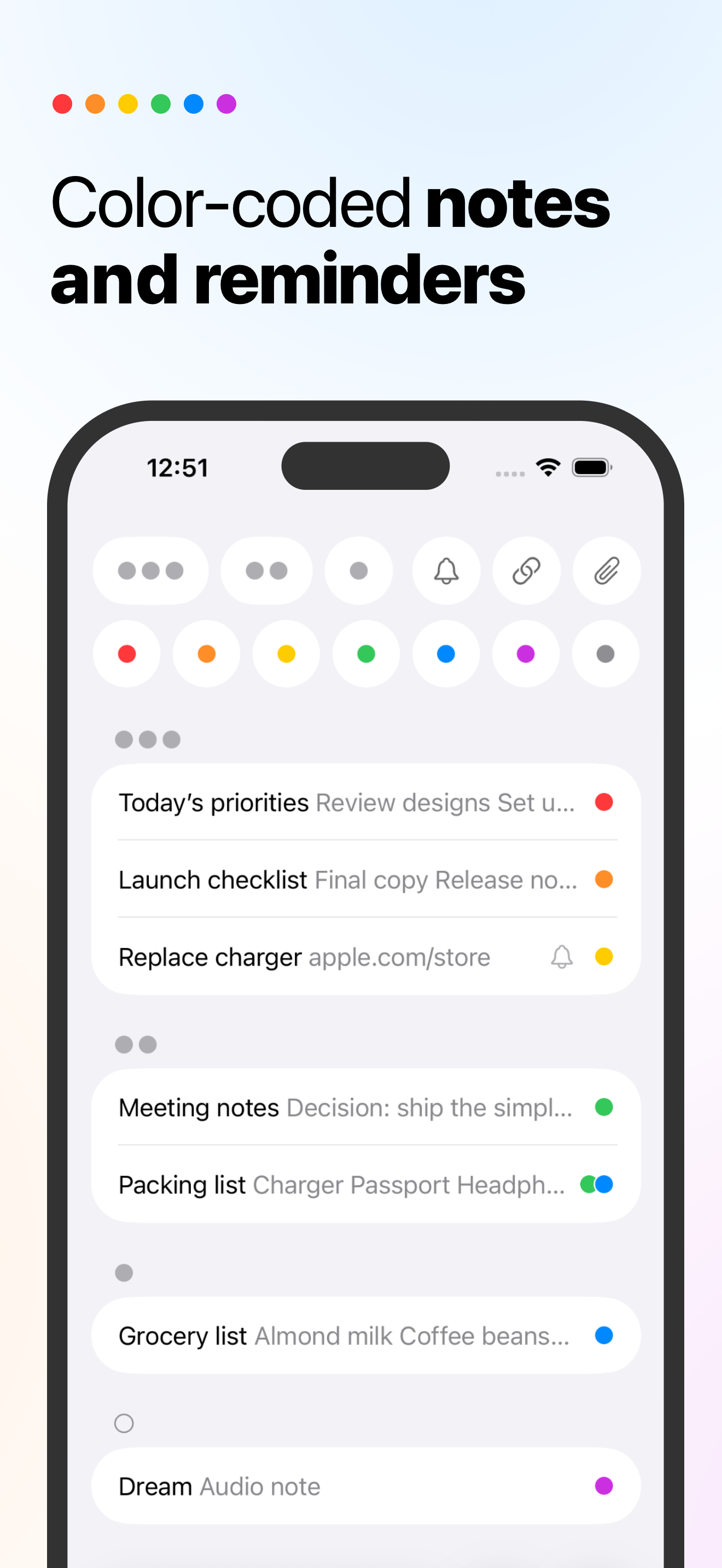App Store screenshot showing NotePile color-coded notes and reminders on iPhone.