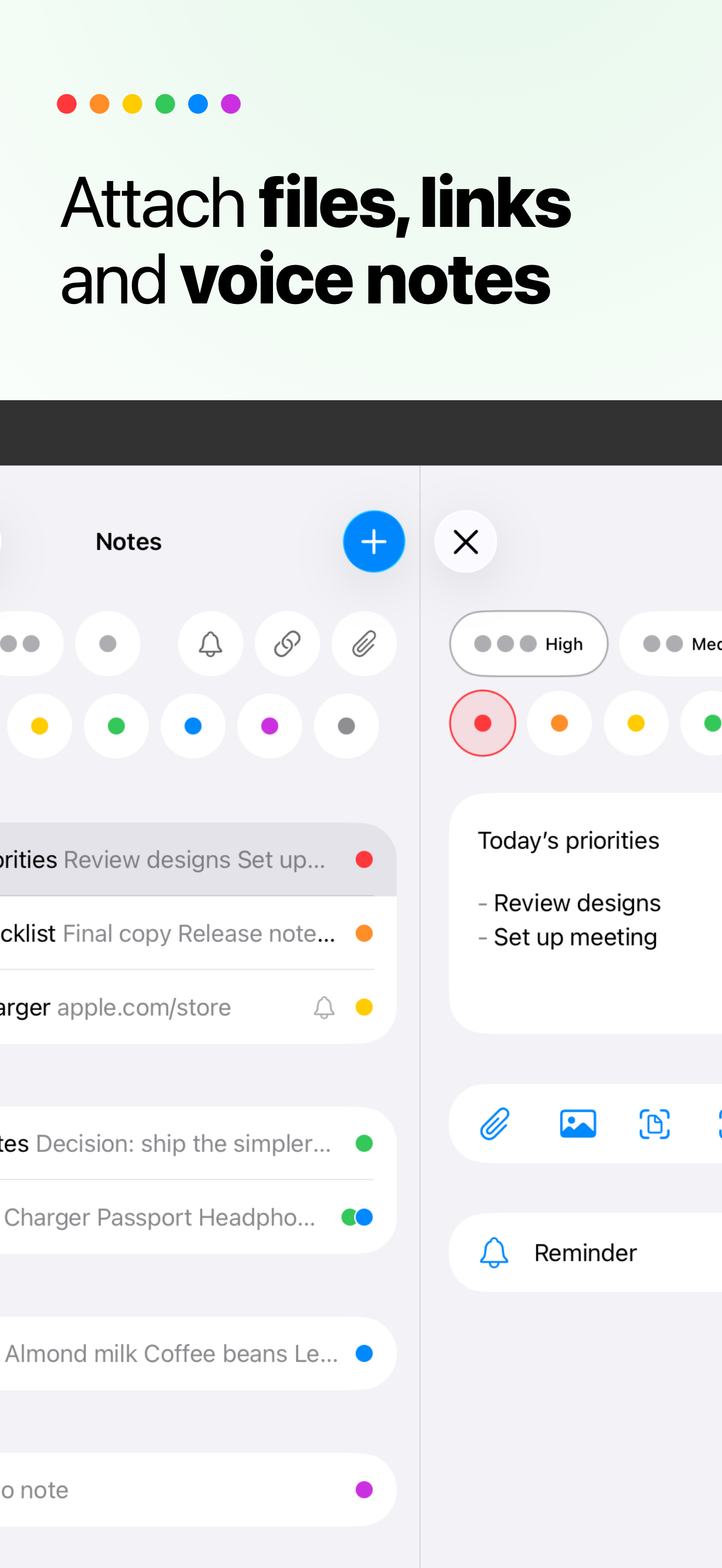 App Store screenshot showing NotePile files, links, and voice notes on iPad.