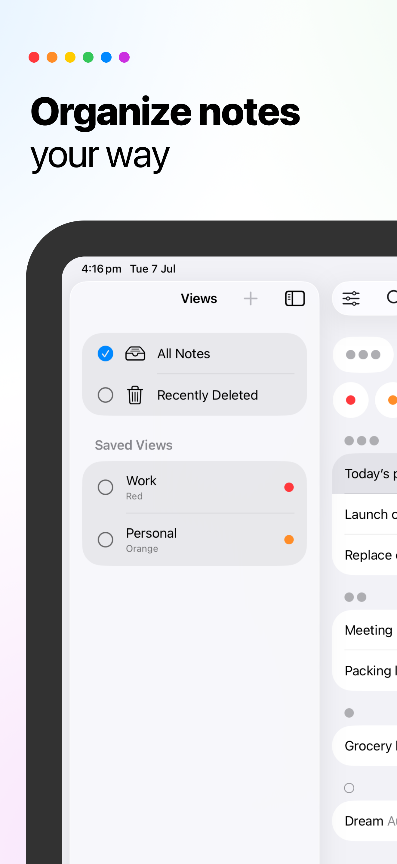 App Store screenshot showing NotePile saved views and a note list on iPad.