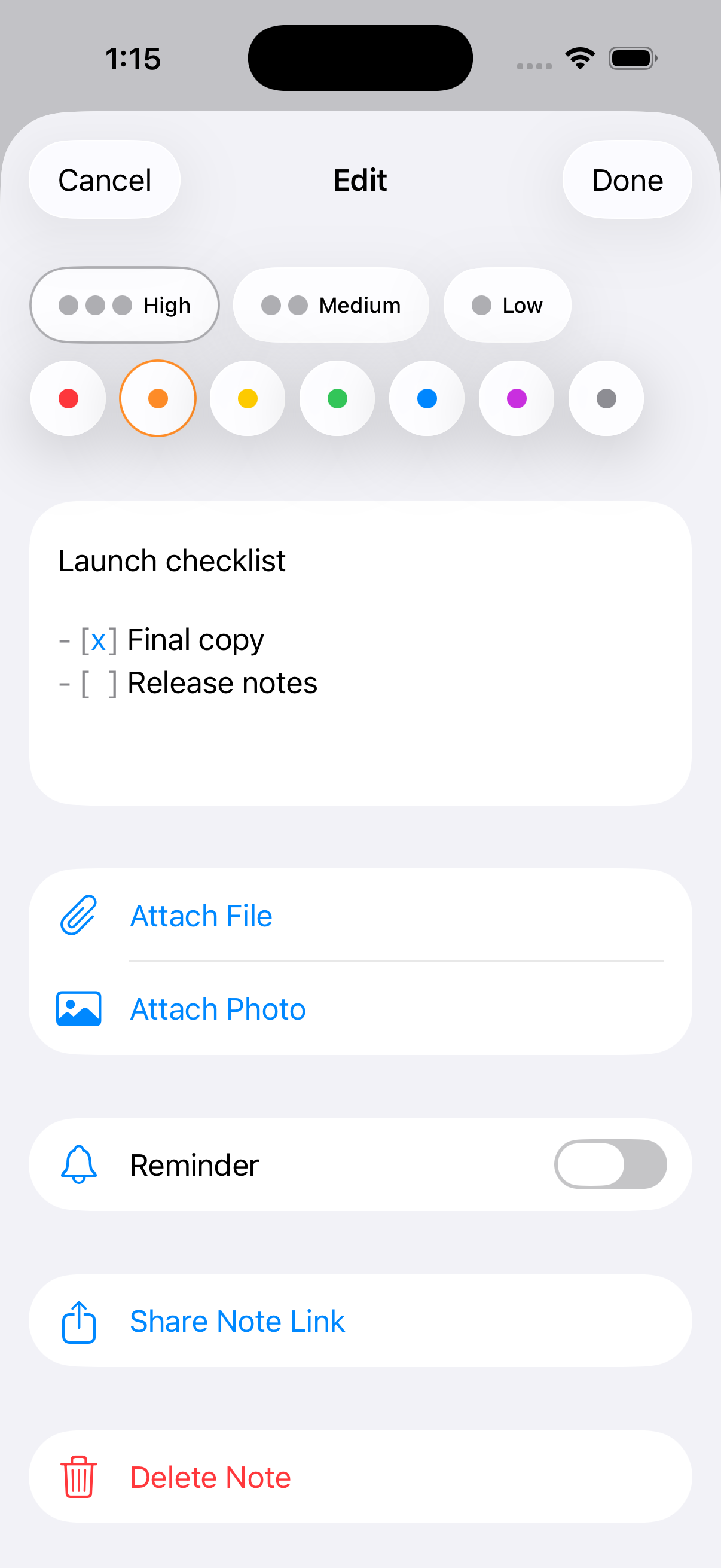 NotePile editor showing priority, colors, attached file, reminder, share note link, and delete note controls.