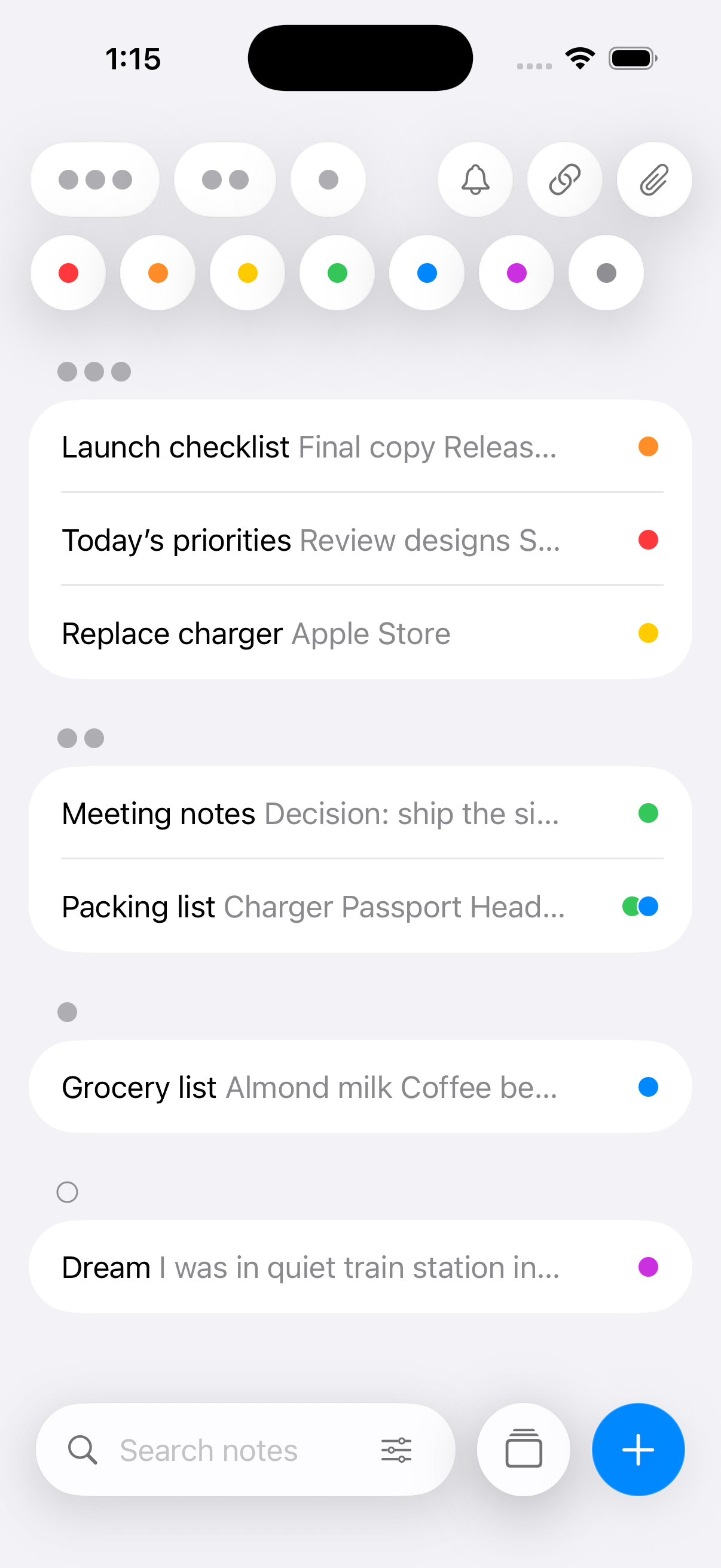 NotePile note list with priority filters, color filters, search, grouped notes, and quick actions.