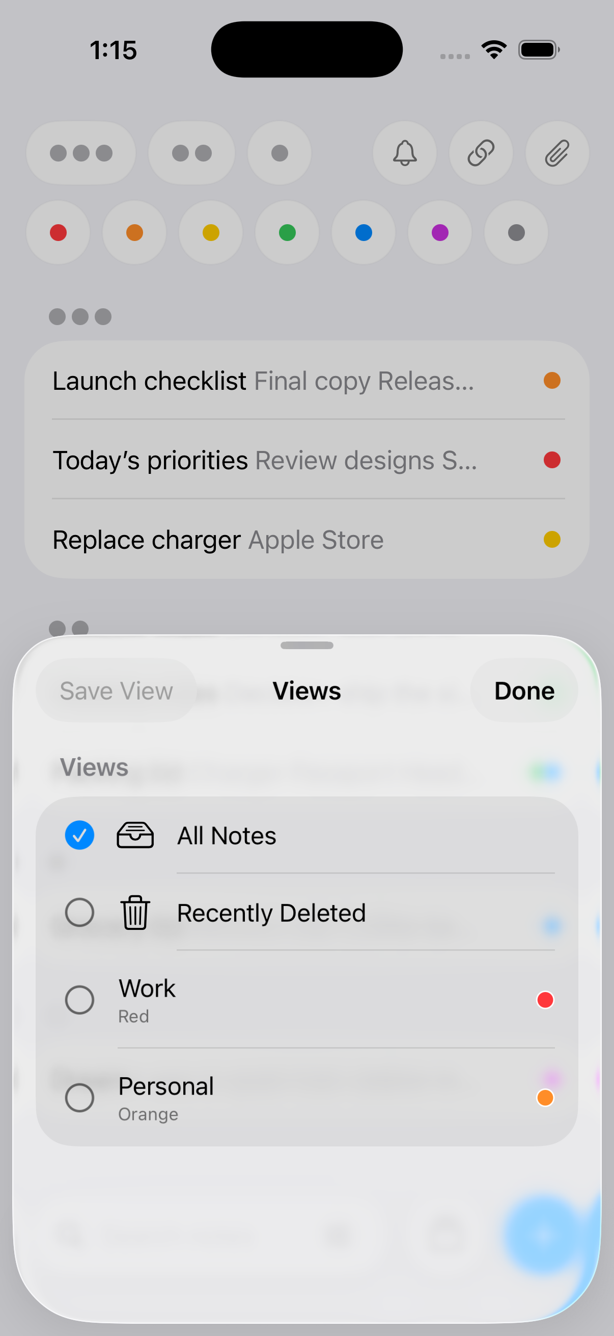 NotePile views sheet showing All Notes, Recently Deleted, and saved filtered views.
