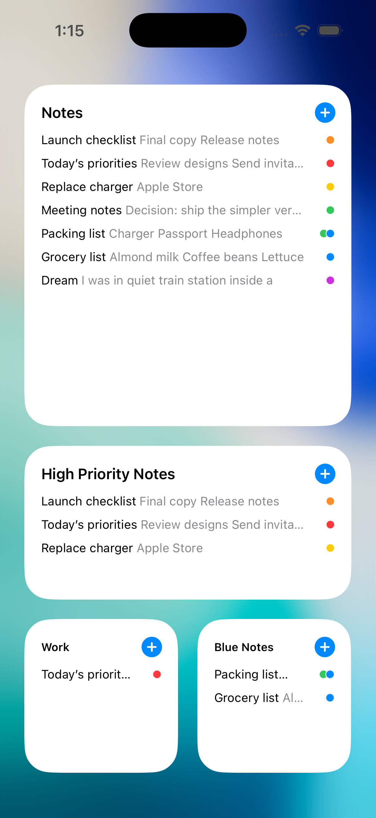 NotePile widget previews showing all notes, high priority notes, work notes, and blue notes on iPhone.